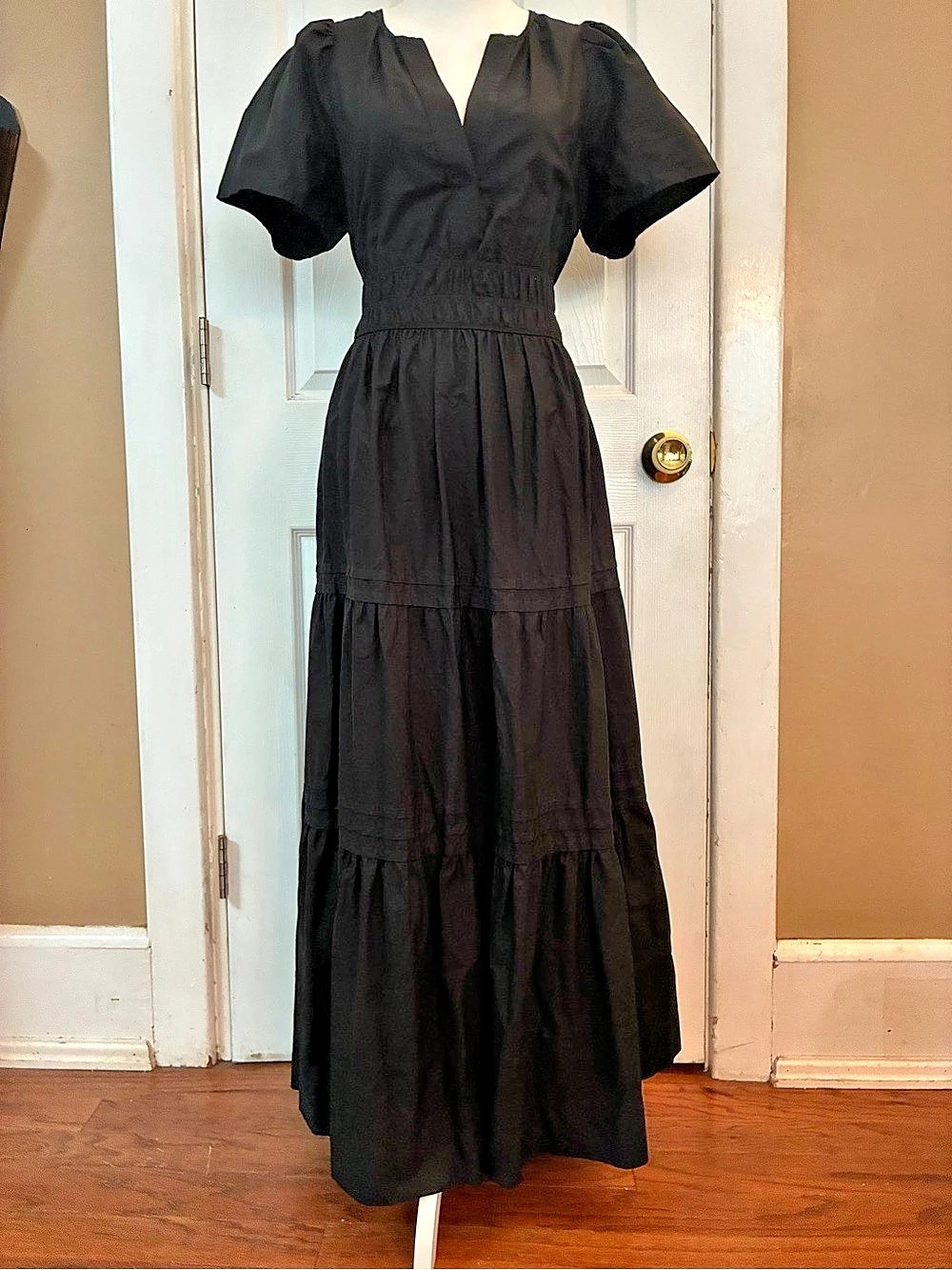 Anthropologie The Somerset Maxi Dress Black Smocked Tiered V-Neck M Lagenlook